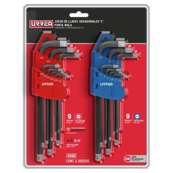 68803481 Juego de llaves hexagonales tipo "L" punta de bola diamante, combinadas, 18 piezas Urrea