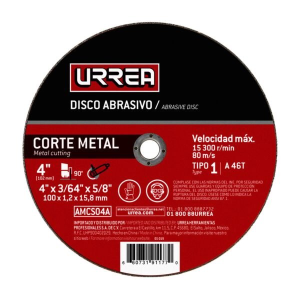 68807281 Disco abrasivo tipo 1 para metal 4" x 3/64" Urrea