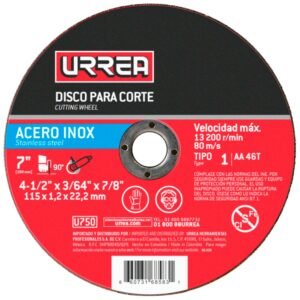 Disco abrasivo tipo 1 para acero inoxidable, 4-1/2" x 3/64" Urrea