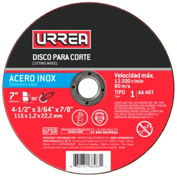 68811936 Disco abrasivo tipo 1 para acero inoxidable, 4-1/2" x 3/64" Urrea