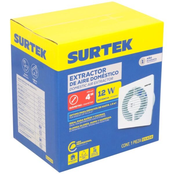 Extractor de aire domestico 4", 1.5m2 de alcance, 12 w, 44 m3/h, 40dB Surtek