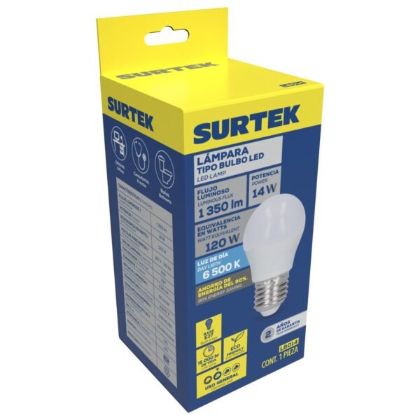 Lampara de LED tipo bulbo A19, 14 W luz de dia Surtek