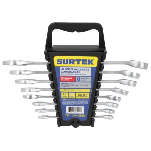 Juego de llaves combinadas satinadas en pulgadas, 12 puntas, 8 piezas en rack Surtek