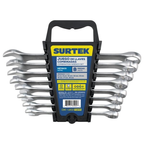 Juego de llaves combinadas satinadas metricas, 12 puntas, 8 piezas en rack Surtek