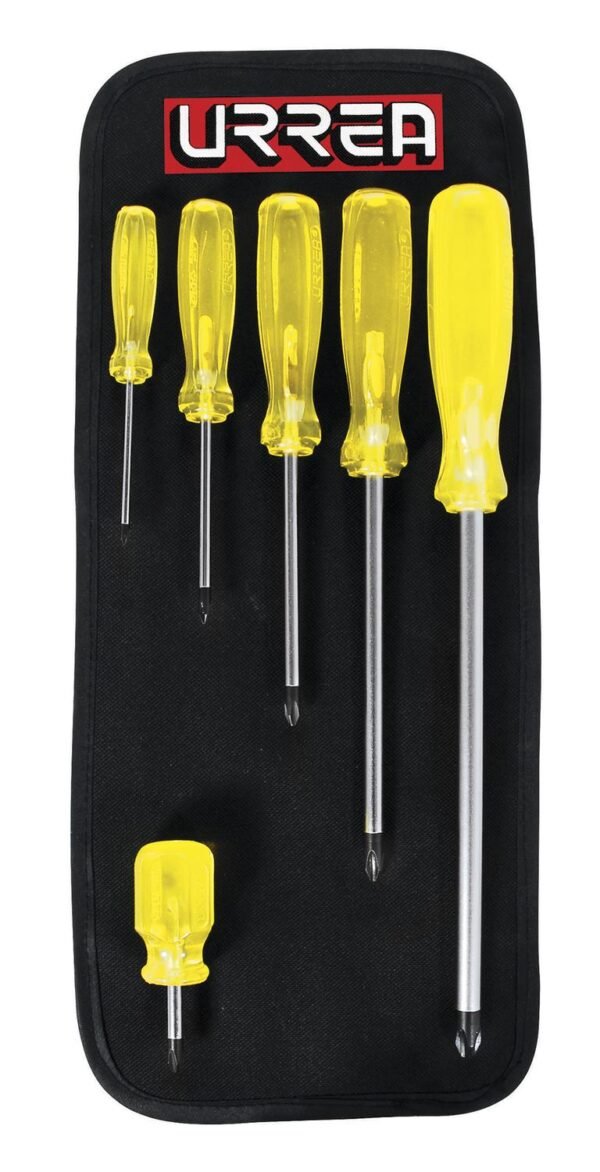 Juego de destornilladores con mango ambar punta Phillips, 6 piezas en estuche Urrea
