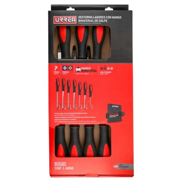 68811127 Juego de destornilladores con mango bimaterial de golpe, combinados, 7 piezas en estuche Urrea