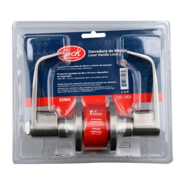 Manija tubular plana funcion entrada y recamara, niquel satinado, llave estandar, blister Lock