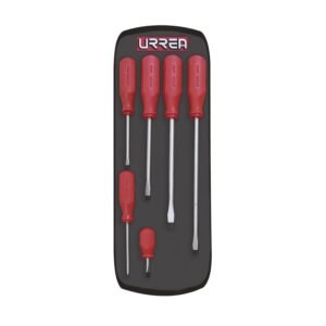 Juego de destornilladores con mango rojo, punta plana, 6 piezas en estuche Urrea