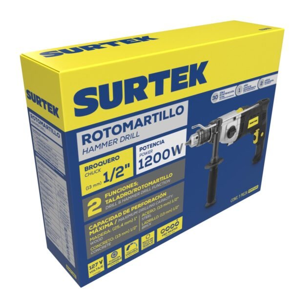Rotomartillo 1/2" 1200 W 127 V, 0 - 3,200 RPM con boton de traba para trabajos continuos Surtek