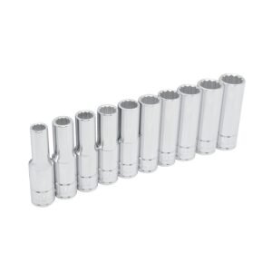 Juego de dados largos cuadro de 1/2", 12 puntas, metricos, en riel, 10 piezas Urrea