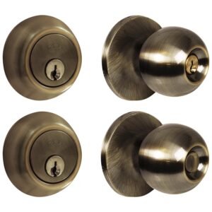 Combo de pomo tubulares de bola funcion doble, laton antiguo, llave estandar, blister Lock