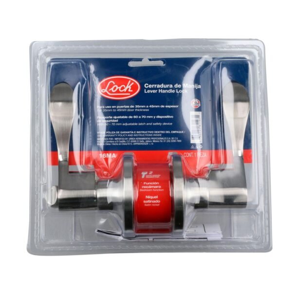 68807134 Manija tubular curva funcion entrada y recamara, niquel satinado, llave estandar, blister Lock