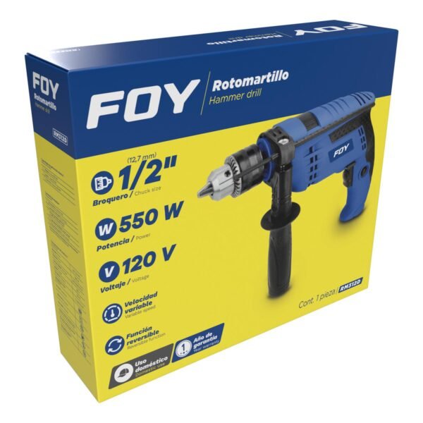 Rotomartillo 1/2" 550 W, 120 V, 0 - 3000 RPM con mango adicional ajustable Foy