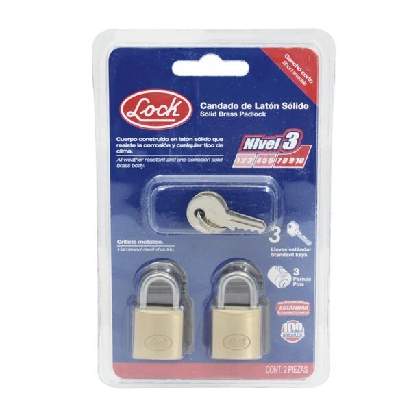 Juego de candados de laton cortos 25 mm, llave estandar, 2 piezas Lock