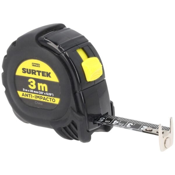 Flexometro con carcasa anti-impacto cinta color negro 3 m x 16 mm Surtek