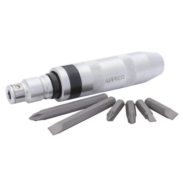 Juego de destornillador de golpe con puntas intercambiables, 8 piezas en caja plastica Urrea