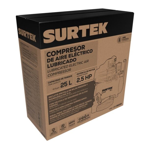 Compresor de aire electrico lubricado con pistola y manguera 25 Lt 2.5 HP, 120 V