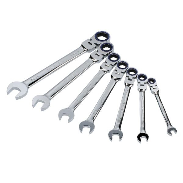 Juego de llaves combinadas pulido espejo de matraca flex met, 12 puntas,7 pz en rack Urrea