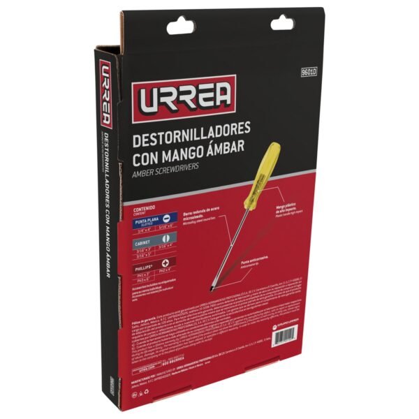 Juego de destornilladores con mango ambar combinados, 8 piezas en caja de carton Urrea