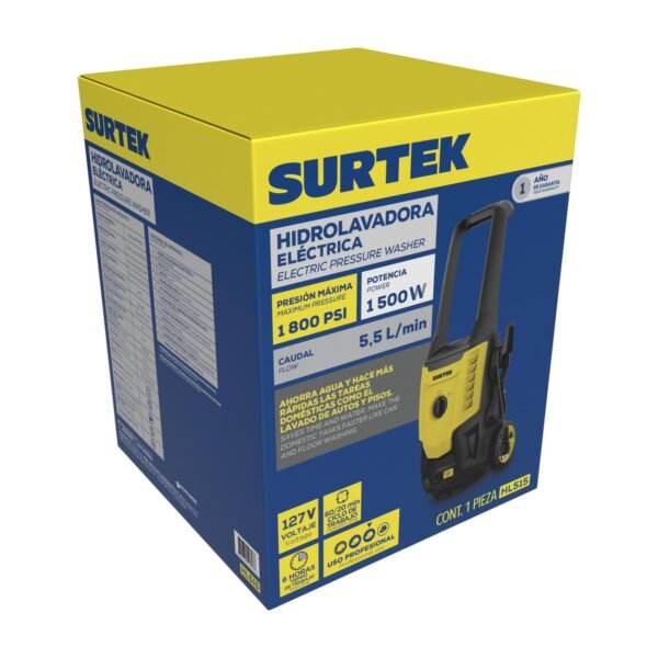 Hidrolavadora electrica 1500 W 127 V 1800 PSI, 5.5 Lt por minuto flujo maximo Surtek