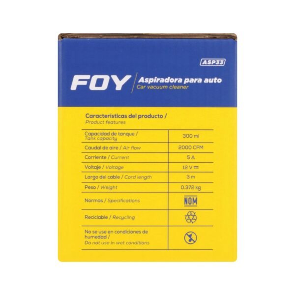 68812654 Aspiradora portatil para automovil 300 ml, 12 V Foy