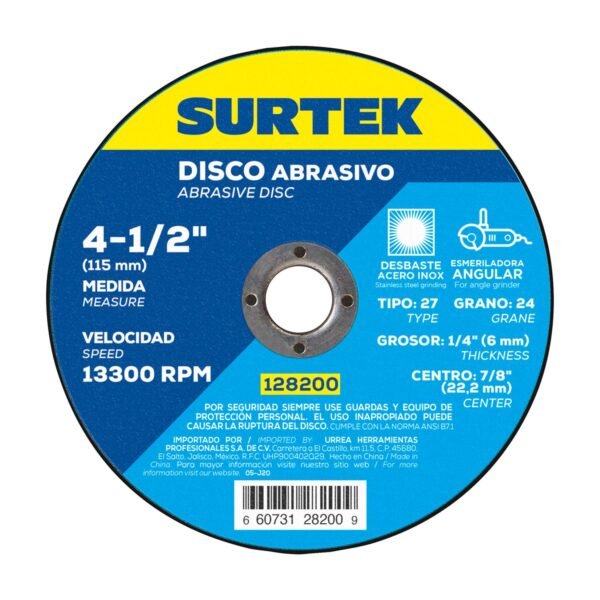 Disco abrasivo tipo 27 para metal 4-1/2" x 1/4" Surtek