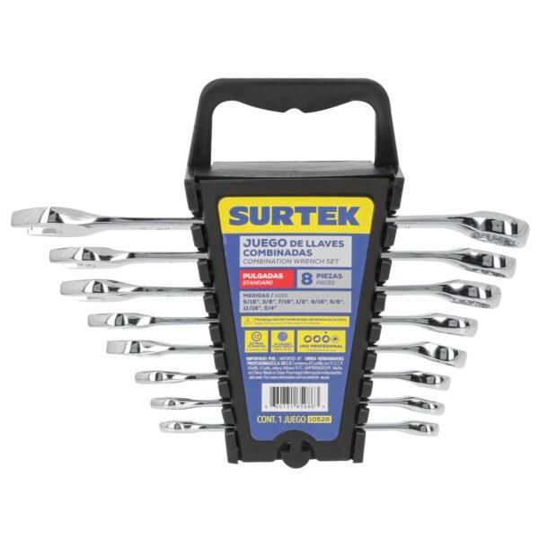 Juego de llaves combinadas pulido espejo en pulgadas, 12 puntas, 8 piezas en rack Surtek