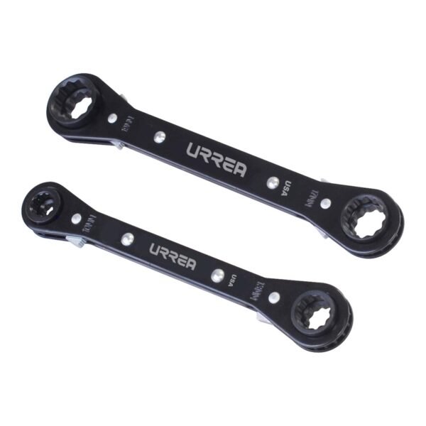 Juego de llaves de estrias de matraca reversible 4 en 1 metricas, 12 puntas, 2 pz en rack Urrea