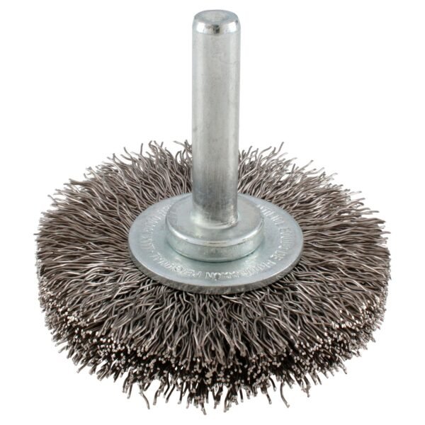 Carda circular ondulada alambre delgado de acero inoxidable 2-3/4" x 0.30 mm con zanco 1/4 Urrea