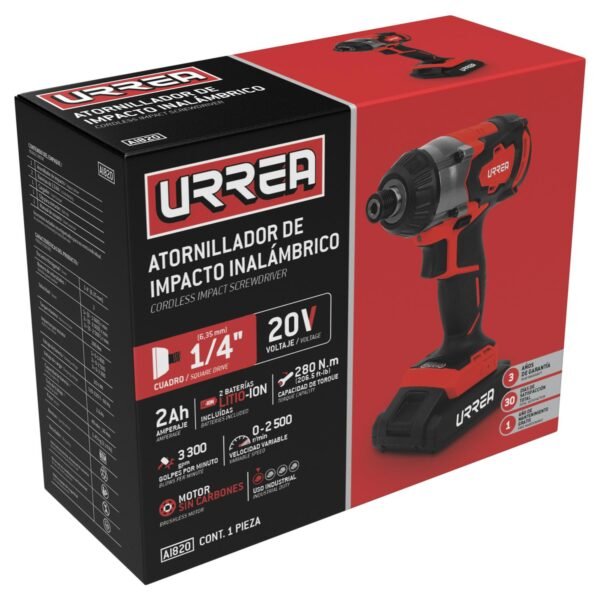 Atornillador de impacto 1/4" a bateria Litio-ion 20 V 280 Nm Urrea