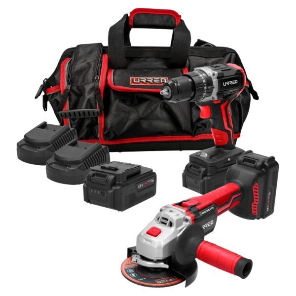 Juego de rotomartillo y esmeriladora a bateria Li-ion 18 V, 3 piezas en maleta Urrea