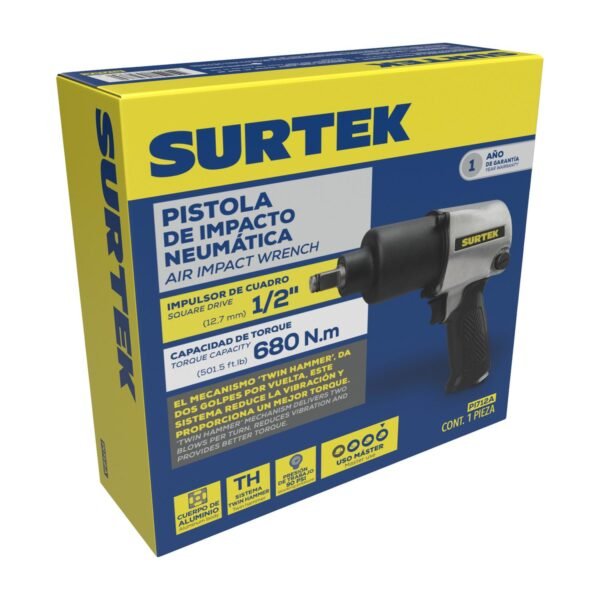 Pistola de impacto neumatica cuadro de 1/2" 500 Ft-lb sistema twin hammer Surtek