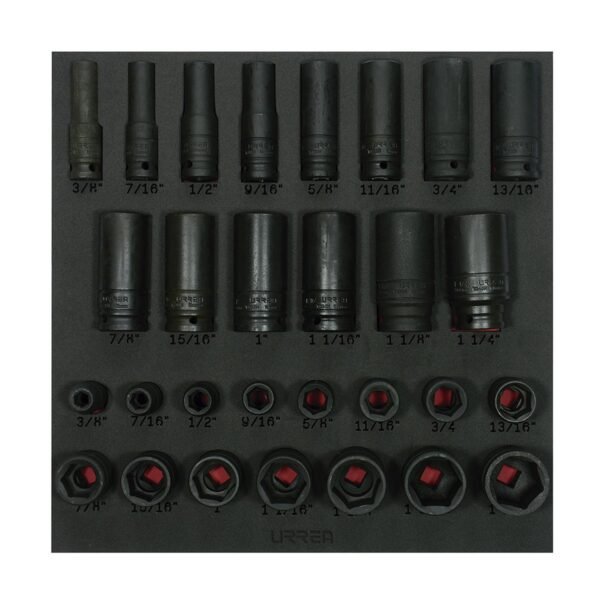 Juego de dados de impacto cortos y largos en pulgadas cuadro de 1/2" 29 piezas, CH218-C Urrea