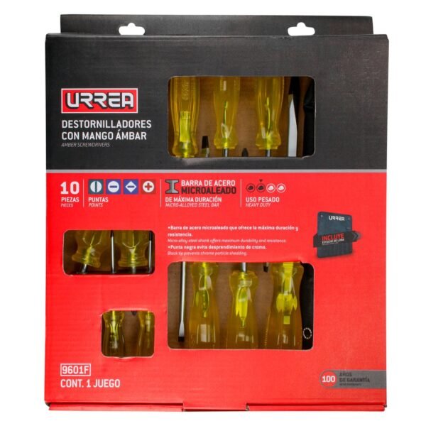 Juego de destornilladores con mango ambar combinados, 10 piezas en caja de carton Urrea