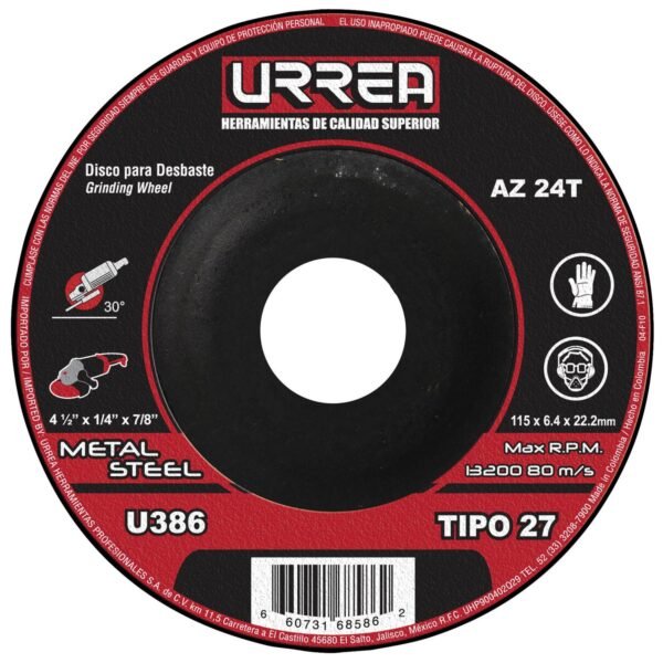 Disco abrasivo tipo 27 para metal, 4-1/2" x 1/4" Urrea