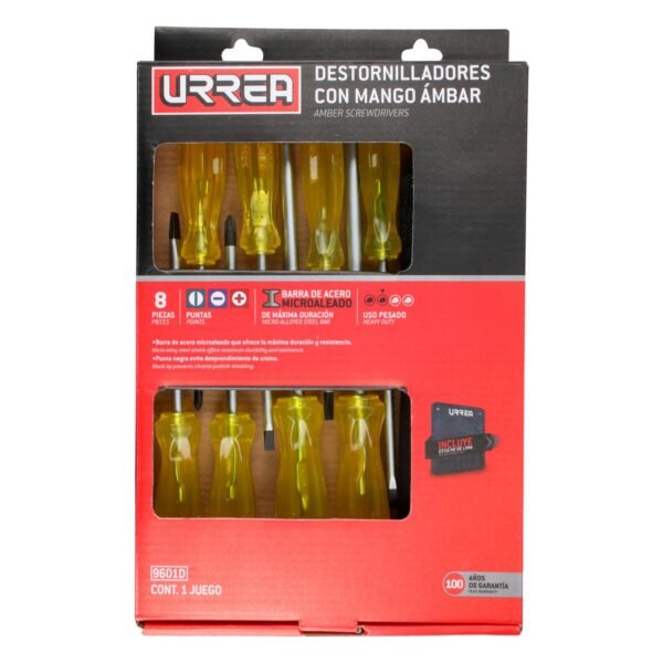 Juego de destornilladores con mango ambar combinados, 8 piezas en caja de carton Urrea