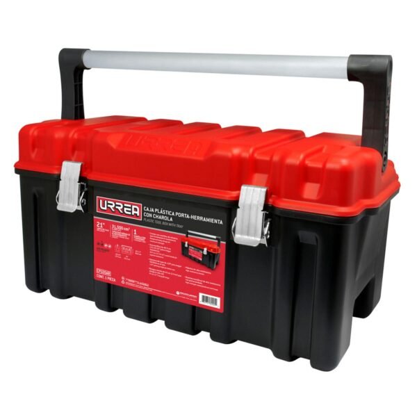 Caja portaherramientas plastica con broches metalicos color negro tapa roja 21" x 11" x 10 Urrea