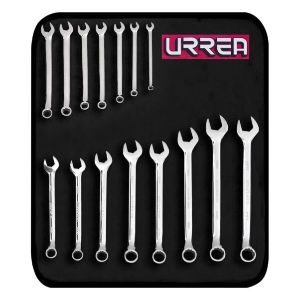 Juego de llaves combinadas pulido espejo metricas, 12 puntas, 15 piezas en tubo full color Urrea