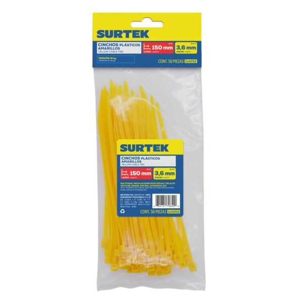 Cinchos plasticos 300 x 4.6 mm, tension 22 kg de 50 piezas, color amarillo Surtek
