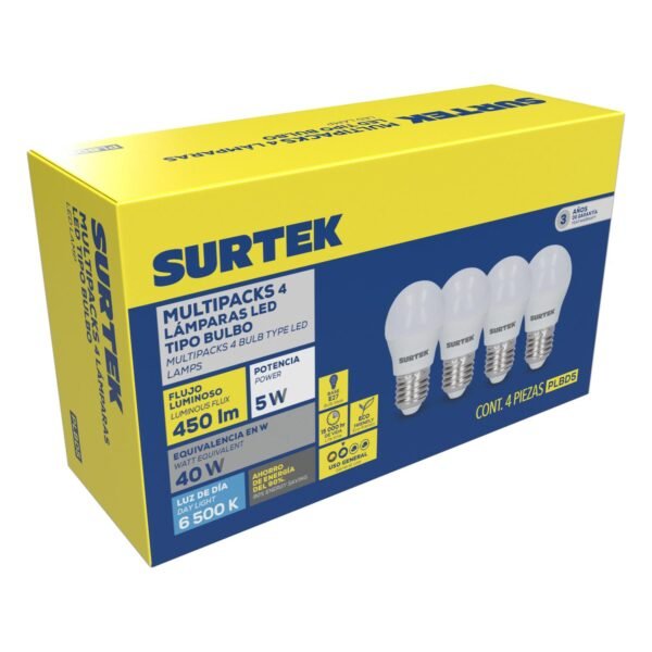Paquete de 4 lamparas de LED tipo bulbo A19, 5 W luz de dia Surtek
