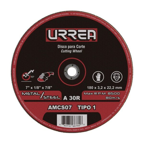 68813241 Disco abrasivo tipo 1 para metal 7" x 1/8" Urrea