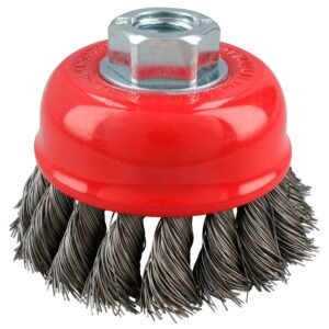 Carda copa trenzada alambre delgado de acero inoxidable 3" x 0.35 mm con rosca 5/8" Urrea