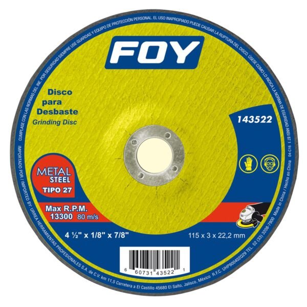 68814311 Disco abrasivo tipo 27 para metal 4-1/2" x 3 mm Foy