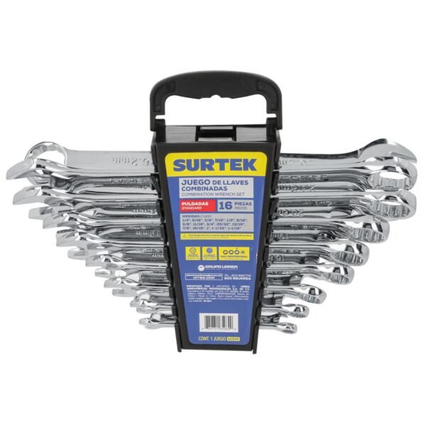 Juego de llaves combinadas pulido espejo en pulgadas, 12 puntas, 16 piezas en rack Surtek