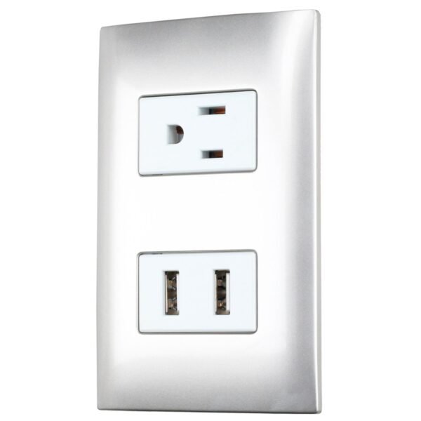 Placa 1 contacto 1 USB doble 1/3, linea Americana, color plata Surtek