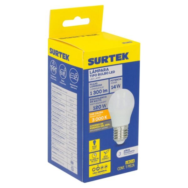 Lampara de LED tipo bulbo A19, 14 W luz calida Surtek