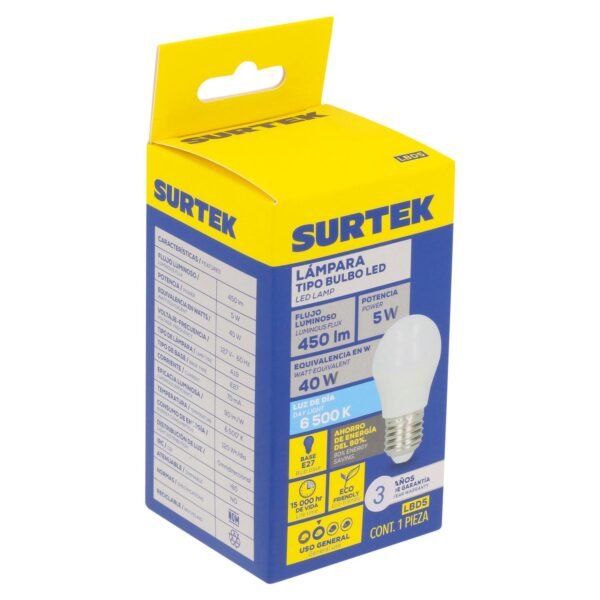 Lampara de LED tipo bulbo A19, 5 W luz de dia Surtek