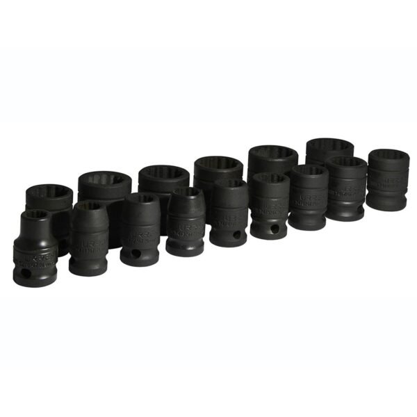 Juego de dados de impacto cuadro de 1/2", 12 puntas, metricos, 15 piezas Urrea